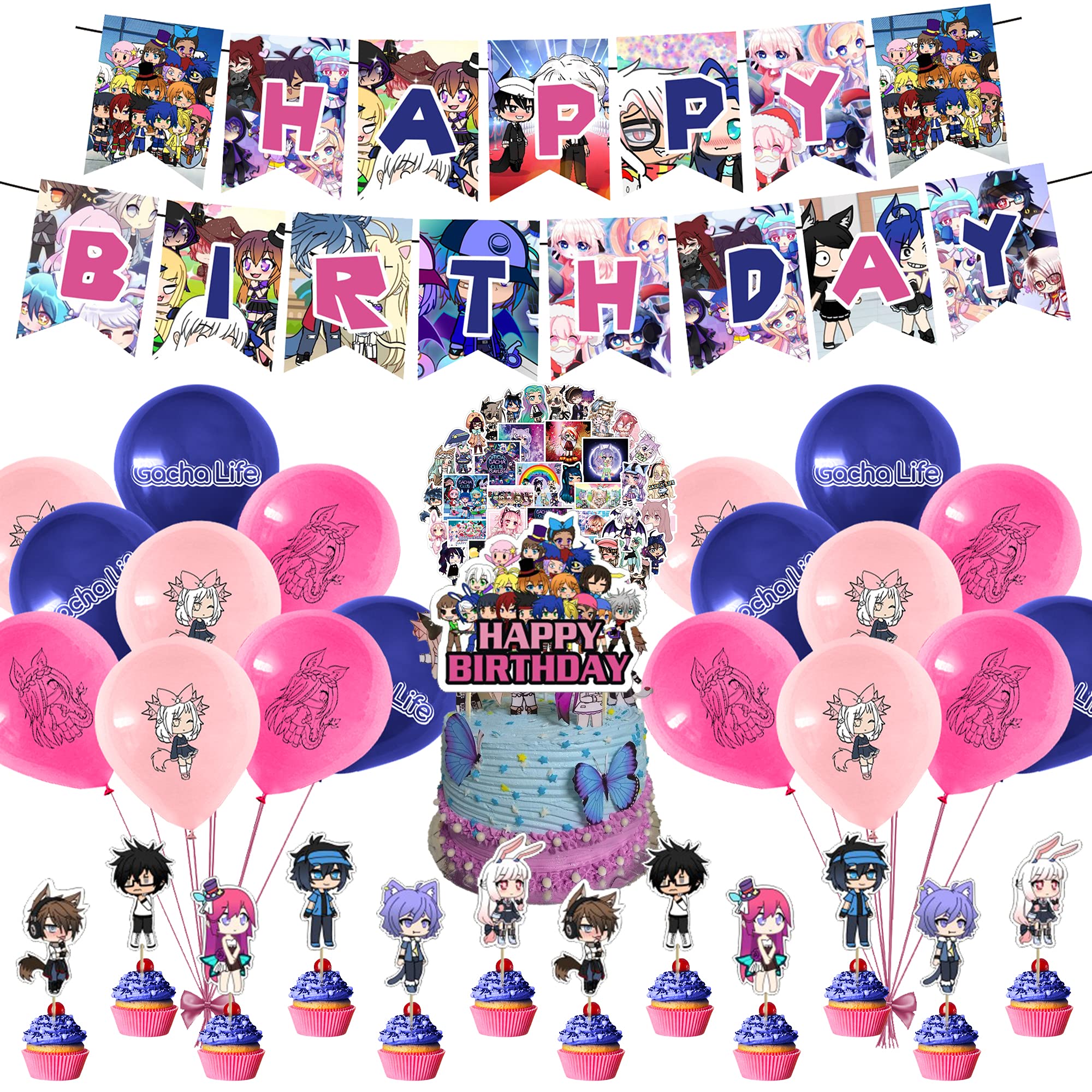 32 Pcs Gacha Life Theme Birthday Party Decorations,Party Supply Set for Kids with 1 Happy Birthday Banner Garland , 13 Cupcake Toppers,18 Balloons for Party Decorations
