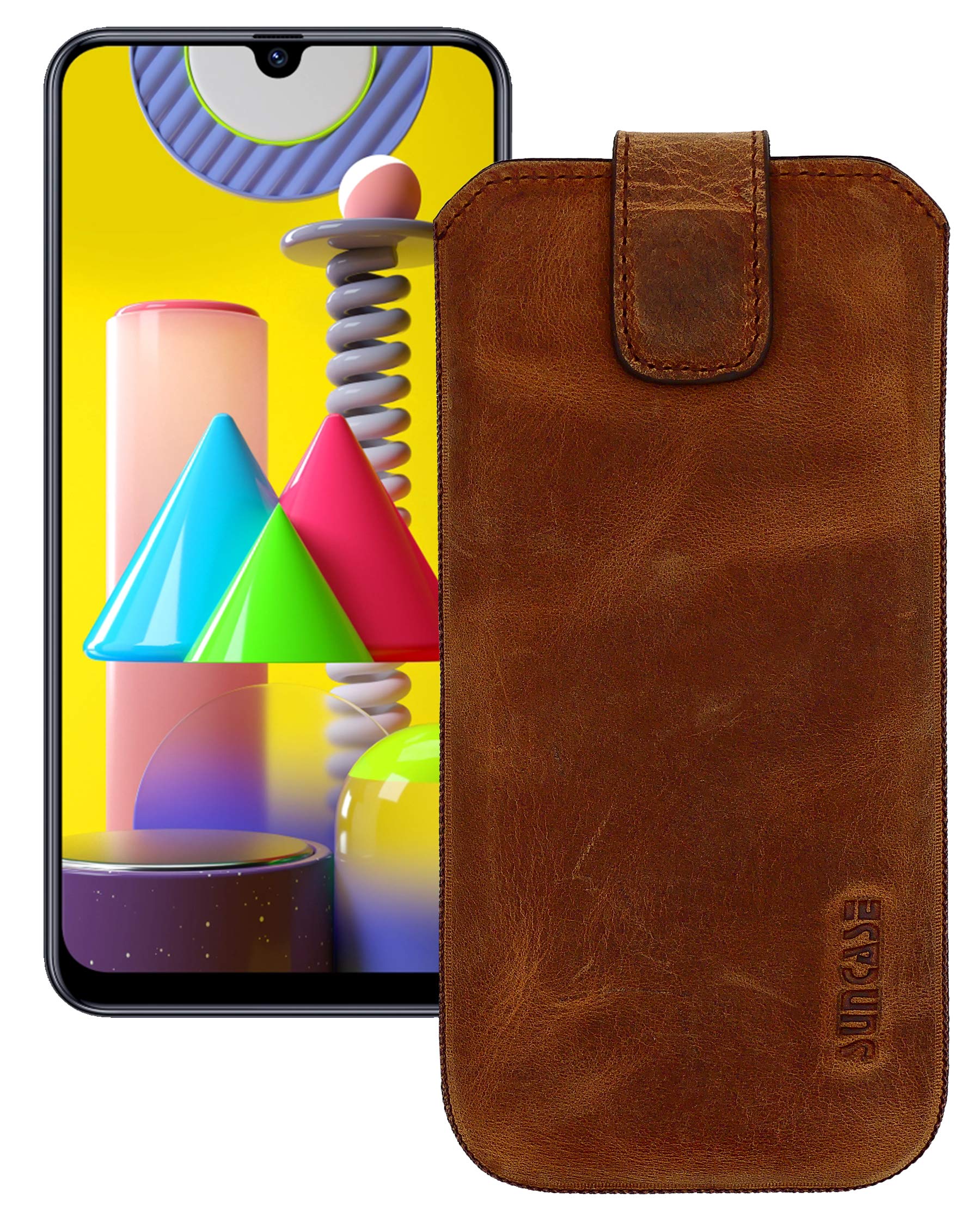Suncase Genuine Leather Case Compatible with Samsung Galaxy M31 with Additional Transparent Case | Silicone Bumper Mobile Phone Case (with Pull-Up Strap and Magnetic Closure) in Antique Coffee