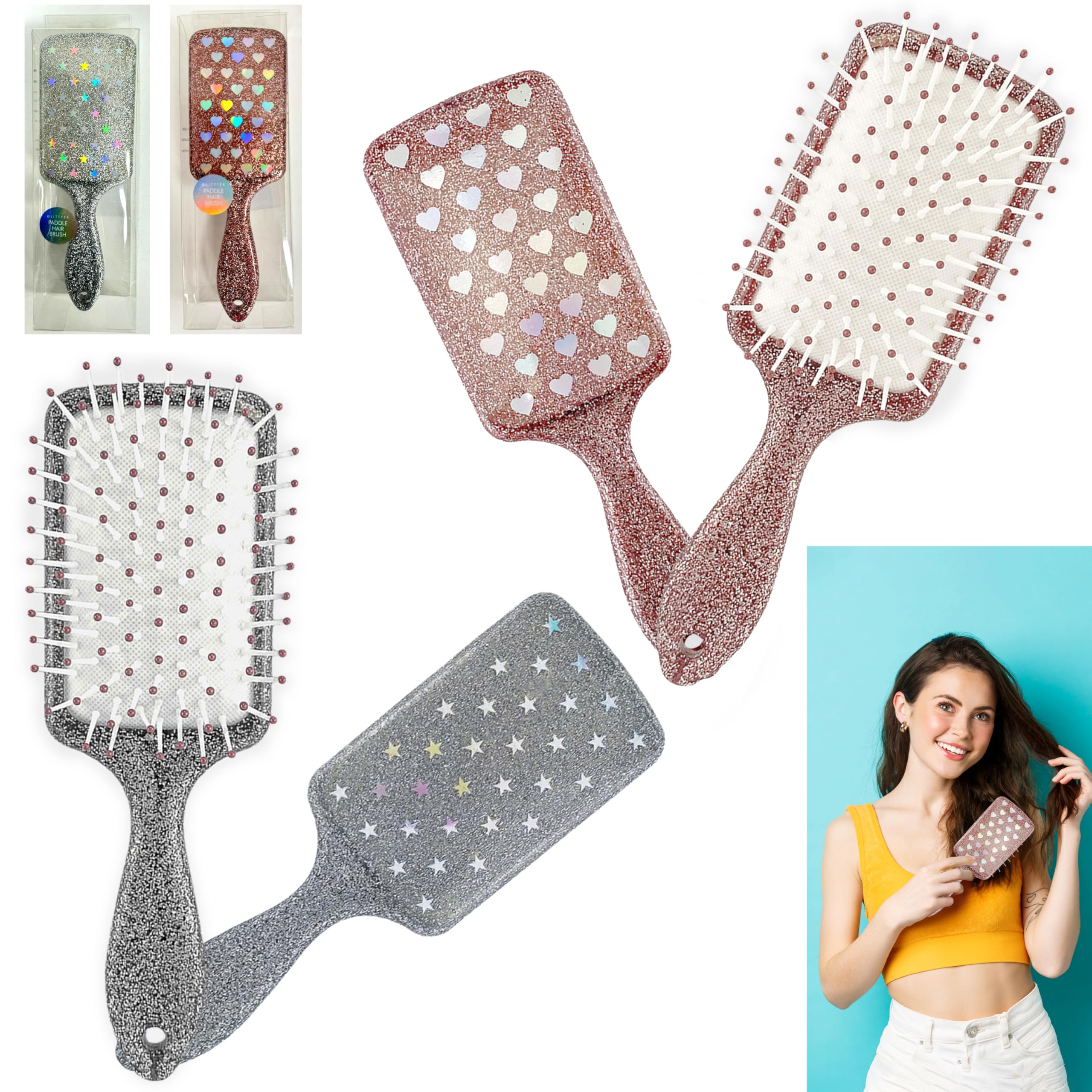2x Glitter Paddle Hair Brushes for Teens & Adults - 19.5cm Detangling Brush - Straightening & Styling, Silver and Gold - Ideal for Long, Thick, Curly, Damaged Hair - Perfect Hairbrush Gift for Girls