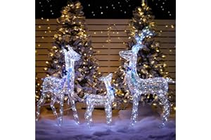 Ultym 3-Piece Iridescent Christmas Deer Outdoor Decorations, 4.5ft Reindeer Family Set Outdoor Lighted Display with 350 LEDs, 2025 Upgraded Rattan, Stakes & Zip Ties for Long-Lasting Yard Garden Decor