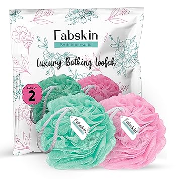 FABSKIN Luxury Bathing Round Loofah for Men and Women (Couples Pack of 2) (Aqua and Pink)