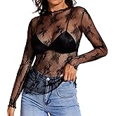 MOHHOM Womens Lace Long Sleeve Mesh Top Mock Neck Sheer Blouse See Through Floral Layering Shirt