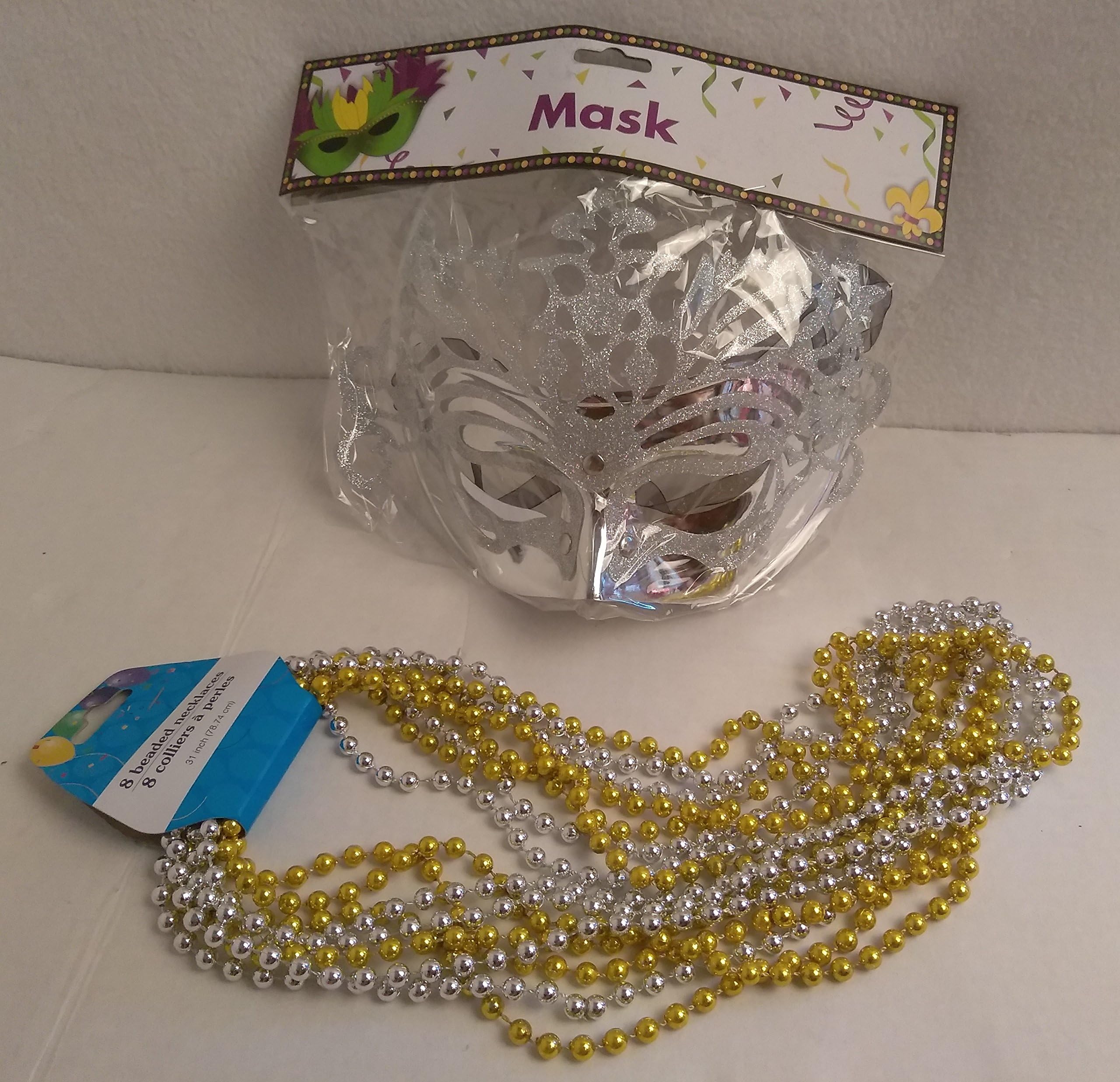 Masquerade Mardi Gras Party Mask Metallic Mardi Gras Beads Beaded Necklace Purple Gold Green Set SILVER