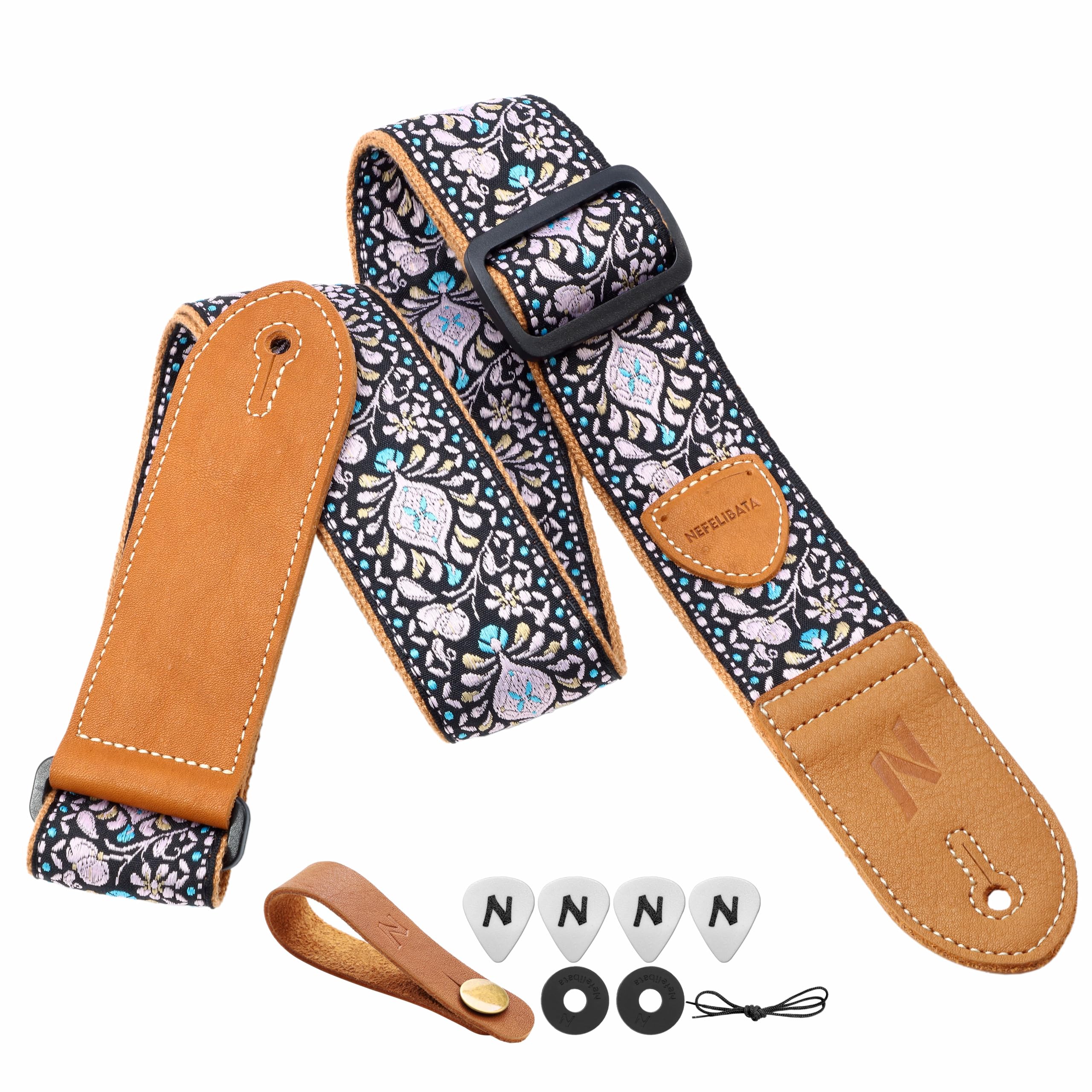 Nefelibata Guitar Strap,Double leather ends,Vintage Woven W/FREE BONUS-4 Picks+Strap Locks+Strap Button,Best Gift For Bass,Electric&Acoustic Guitars for Guitar(Vintage pink yellow embroidery)