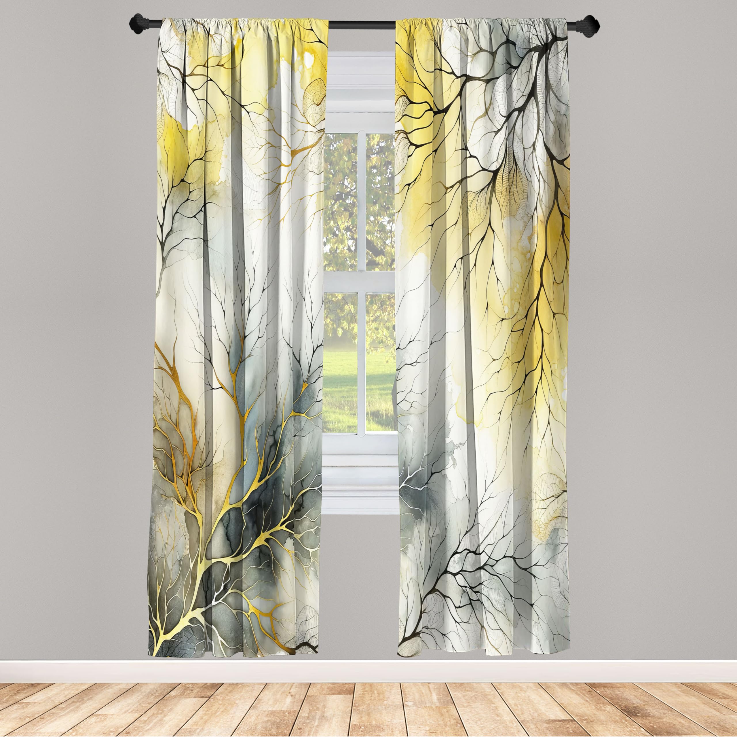 ABAKUHAUS Yellow Window Curtains, Modern Watercolor Look Backdrop with Leafless Branch Huddle Print Boho, Lightweight Decorative 2-Panel Set & Rod Pocket, 150x175 cm, Mustard Blue Grey Khaki