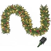 Joiedomi 9 FT Artificial Christmas Garland Prelit with 50 Count Warm White String Lights, Pine Cones and Red Berries for Christmas Holiday Xmas Season Decorations, Plug in Lighted Pine Garland