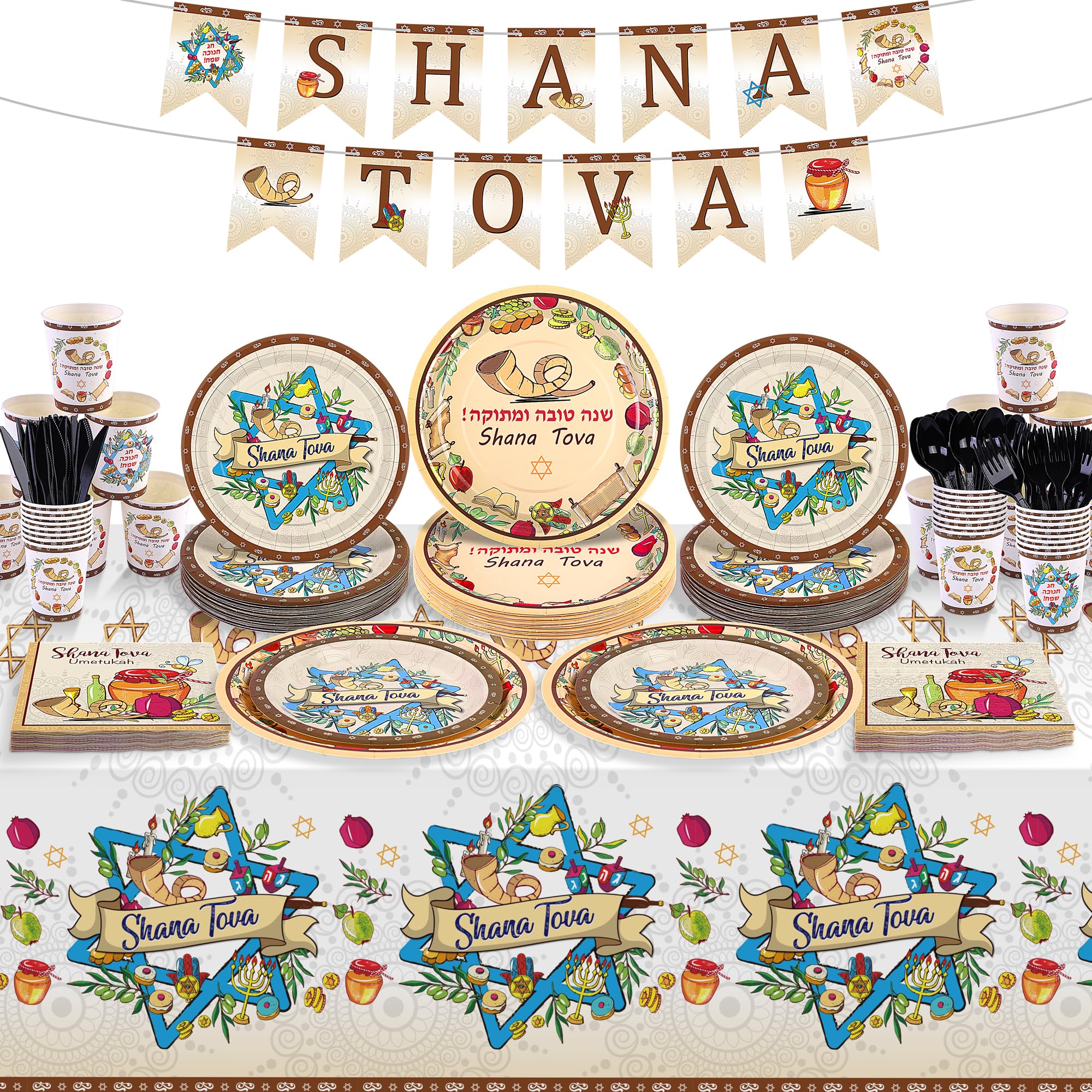 Photo 1 of durony 170 Pieces Rosh Hashanah Decorations Rosh Hashanah Tablecloth Rosh Hashanah Paper Plates Napkins Cups Shana Tova Banner for Jewish New Year Holiday Party Decorations Serve 24 Guest