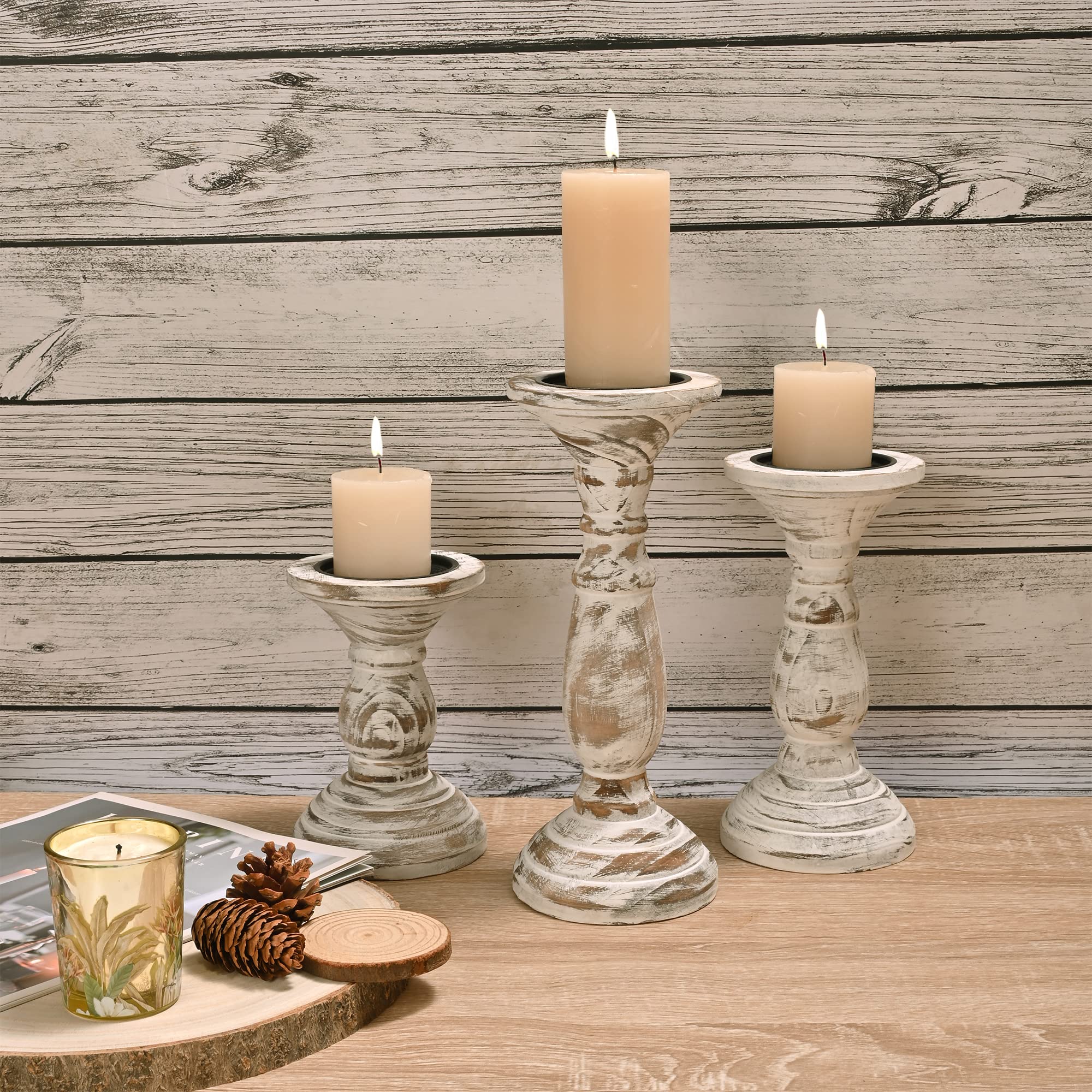 Yorkmills Pillar Candle Holder Set of 3, Farmhouse Decor Living Room Tall Candle Holders for Pillar Candles, Wood Candle Holders for Table Centerpieces White Home Decor Kitchen Dining Room Table Decor