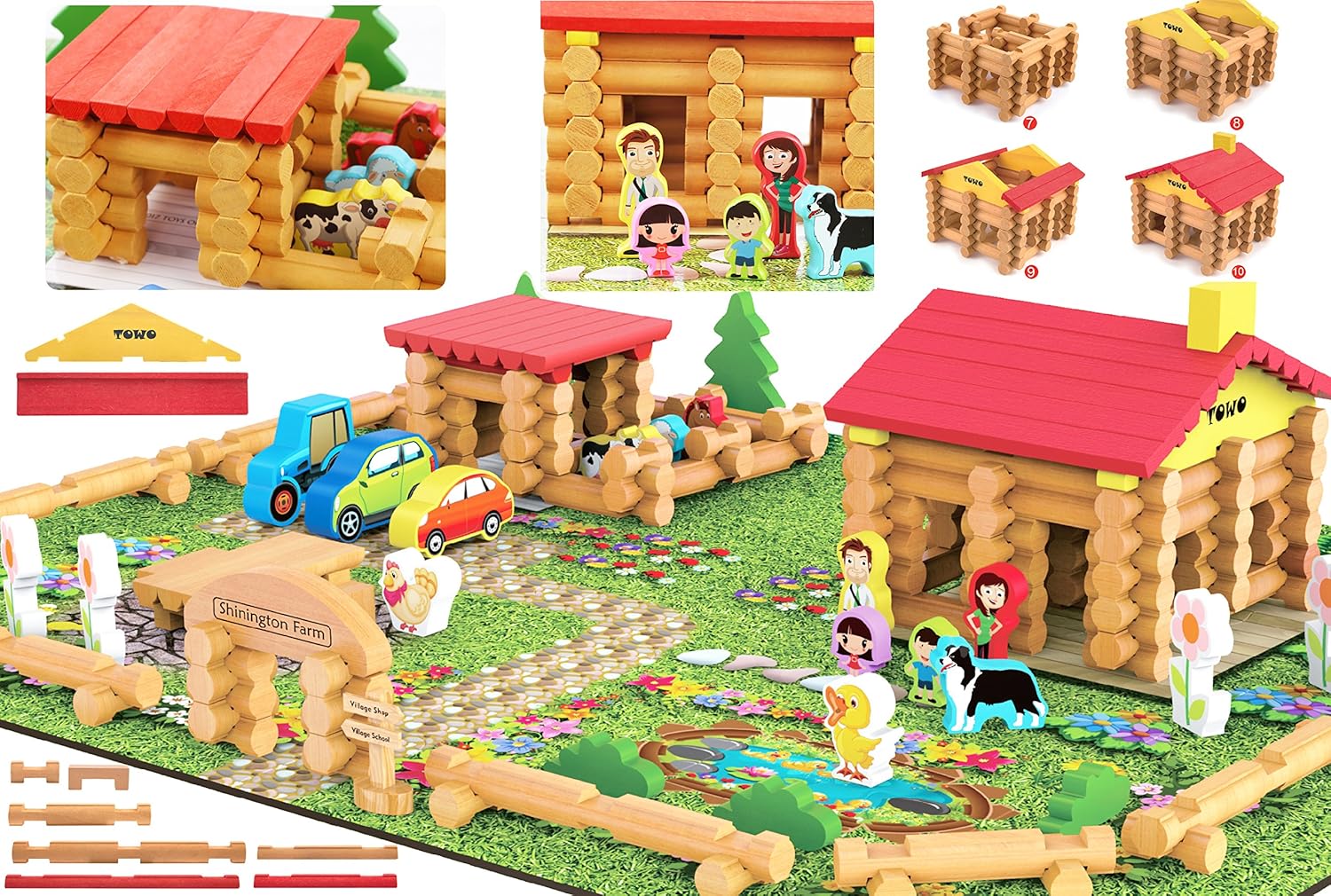 TOWO Shinington Wooden Farm Playset Wooden Log Building Set Farm House
