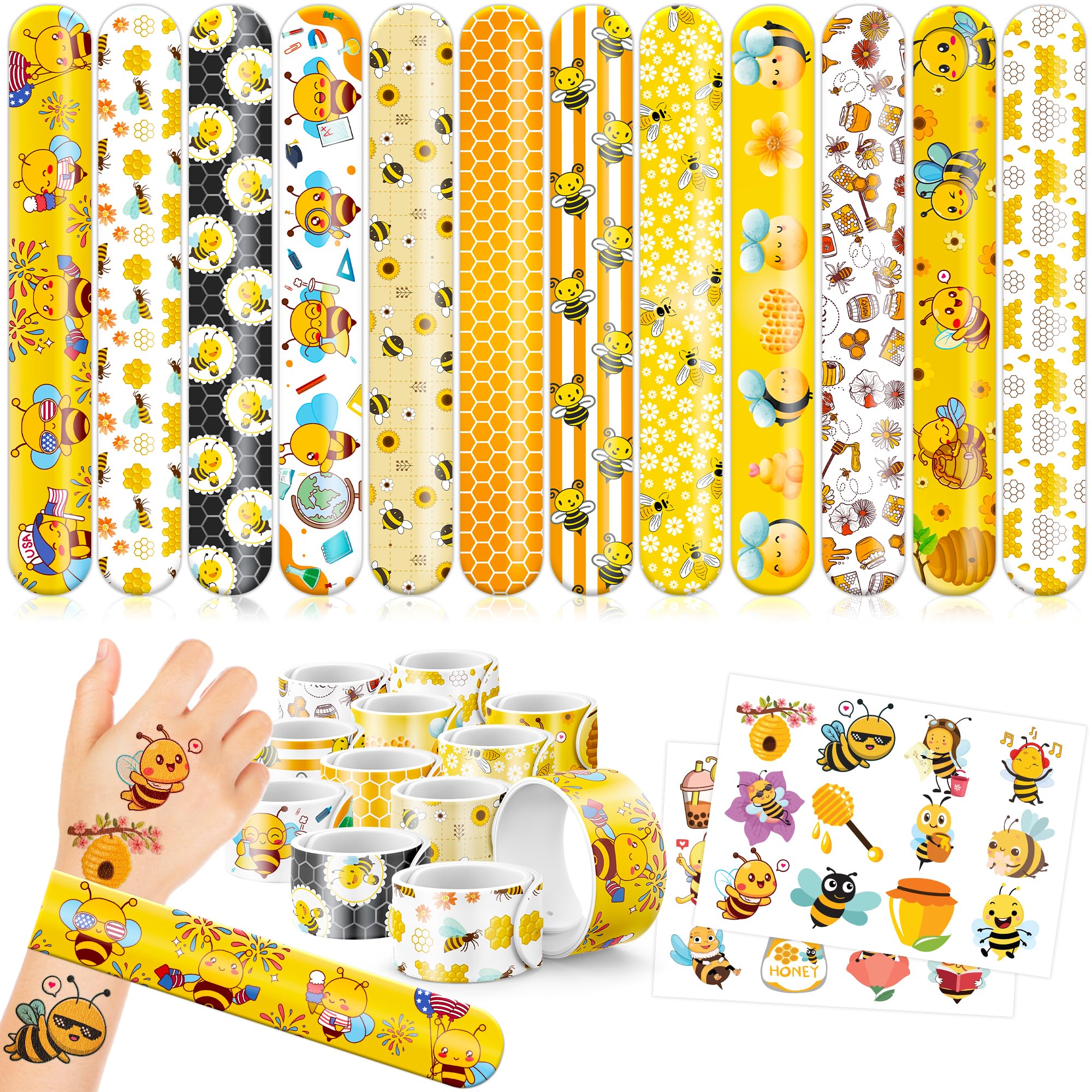 72PCS Bee Party Favors - 48PCS Pre-cut Tattoos & 24PCS Slap Bracelets - Honey Bee Birthday Supplies, Baby Shower Decorations, Classroom Prizes, Gifts for Girls & Kids