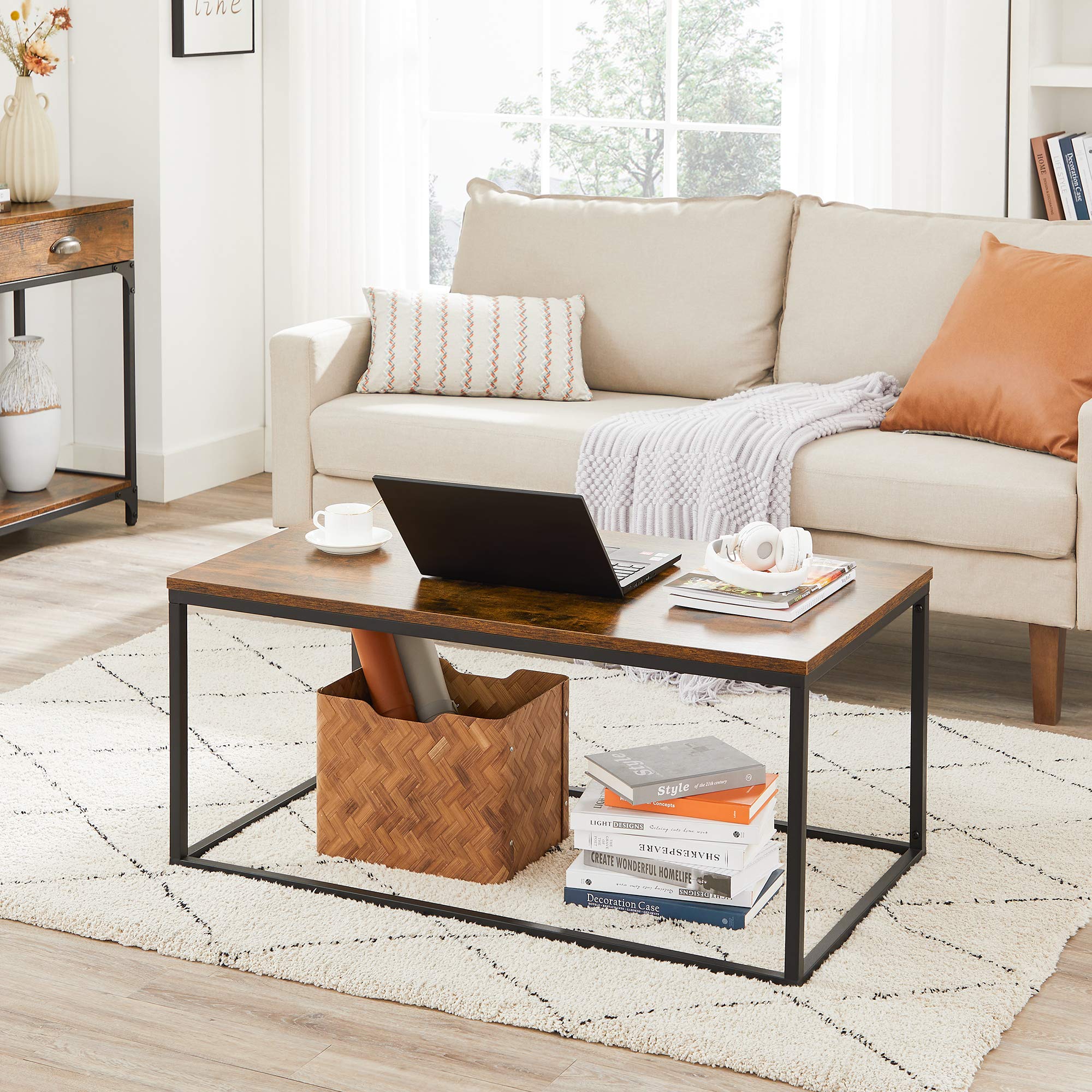 VASAGLE Coffee Table with Thickened Board, 39.4 Inch, Open Rectangle Living Room Table, Steel Frame and Wood Panel, Easy to Assemble, for Living Room, Industrial, Rustic Brown and Black ULCT052B01