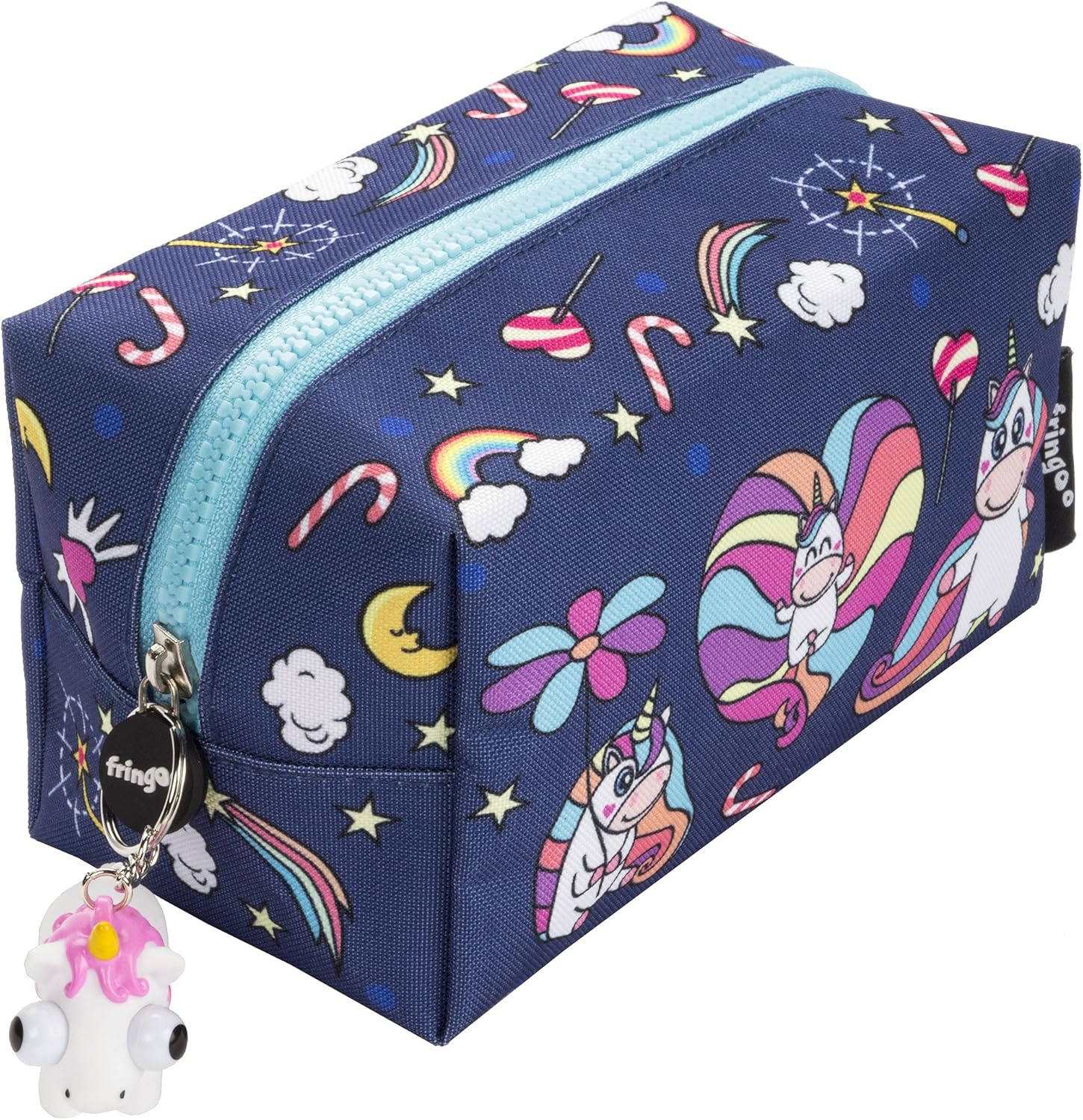 Fringoo® Large Square Pencil Case for Kids Stationery Pouch with Eye Popper Zip Puller (Believe in Unicorns)