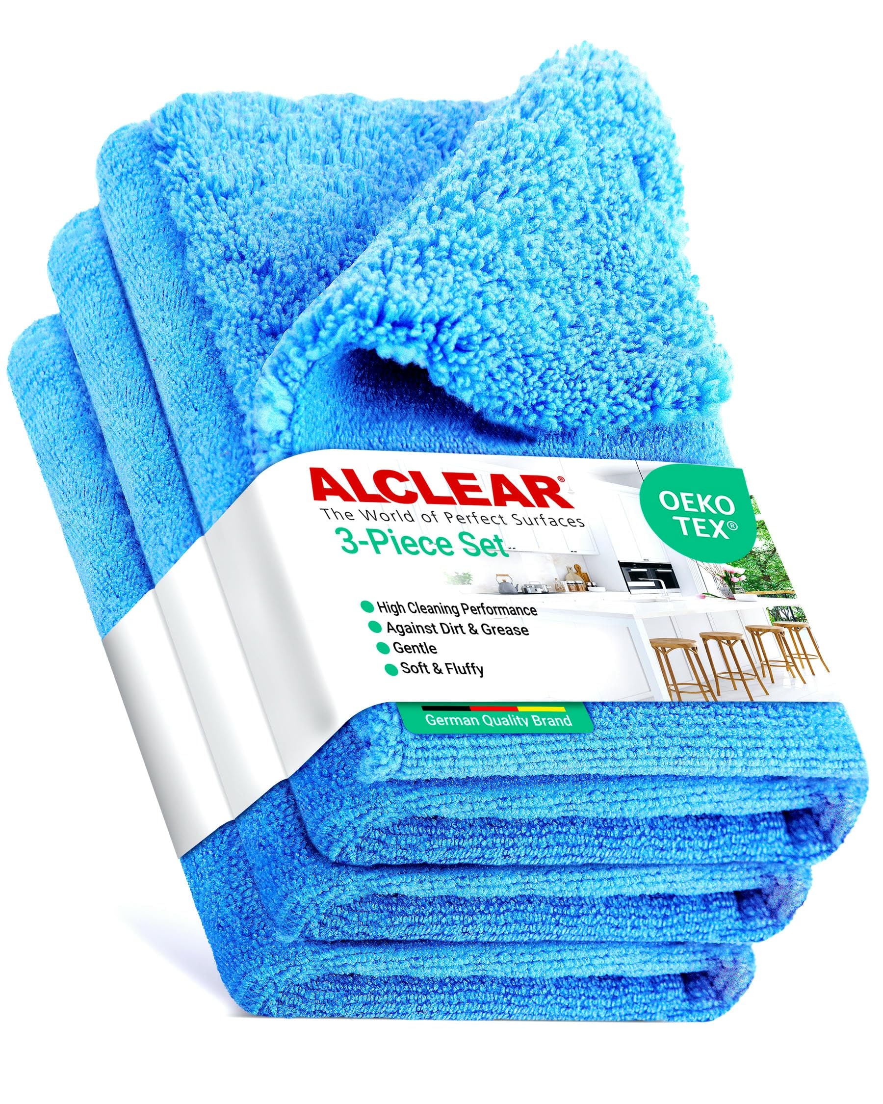 ALCLEAR 820203K_3 Microfiber Cloth Set, 3 Pack, 40x40 cm - for High-Gloss Kitchens, Furniture Fronts, Lacquer, Plastic, Glass, Lint-Free, Streak-Free, Ultrasonic Cut, Usable Damp, Washable at 60° C