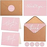 Layneria 100 Bulk Pink Thank You Cards with Kraft Envelopes and stickers - 4 Minimalistic Designs Blank Thank You Notes with Envelopes for business Wedding Bridal Gift Baby Shower Business Graduation