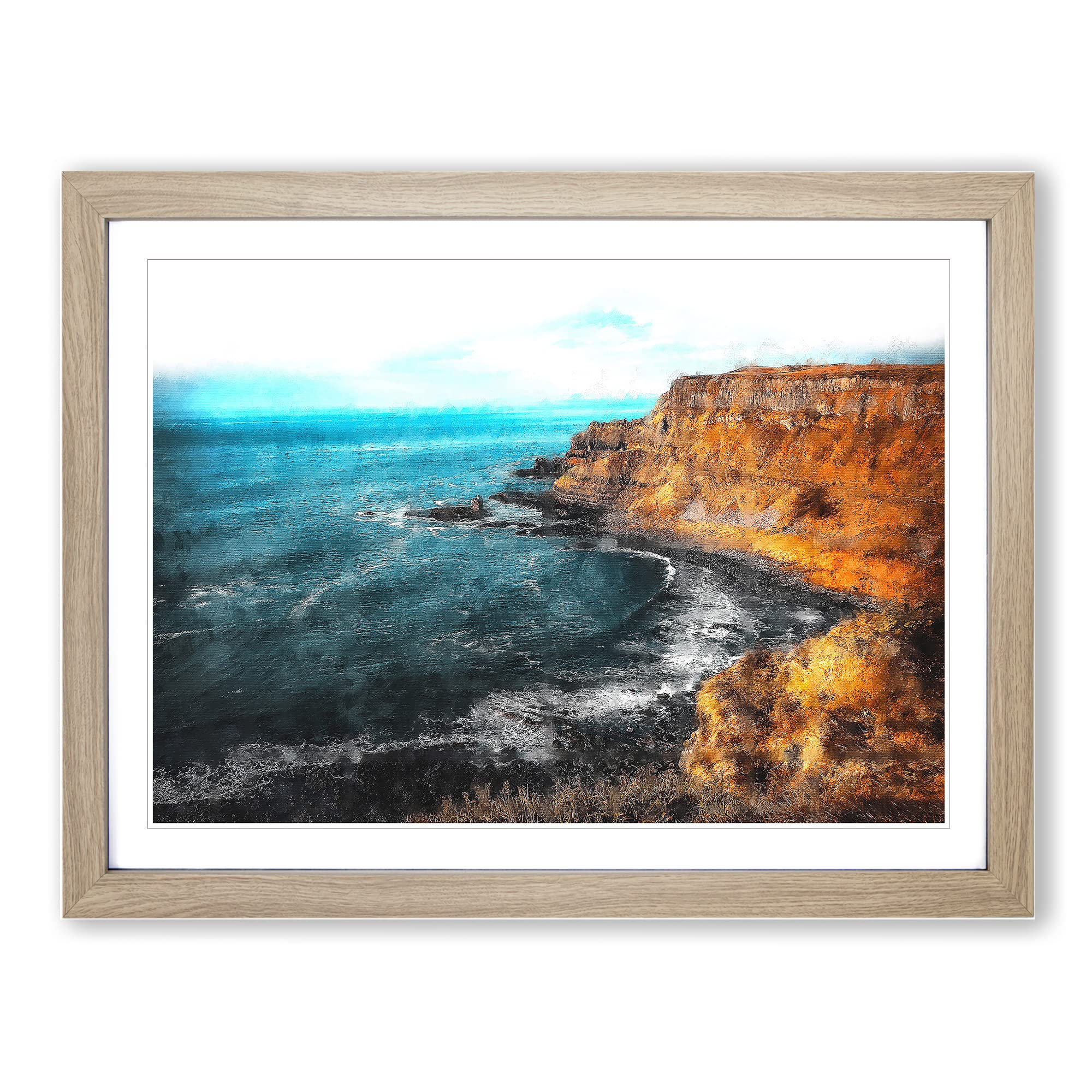 Giant's Causeway Northern Ireland Painting Modern Art Framed Print | A4 Oak Framed Wall Art | Ready to Hang | Modern Historical Picture | Living Room Bedroom Lounge Office