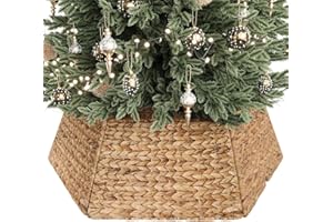 ELYKEN 34 Inch Christmas Tree Collar, Water Hyacinth Woven Xmas Tree Skirt for Artificial Trees, Base Cover with Cord Cut Out