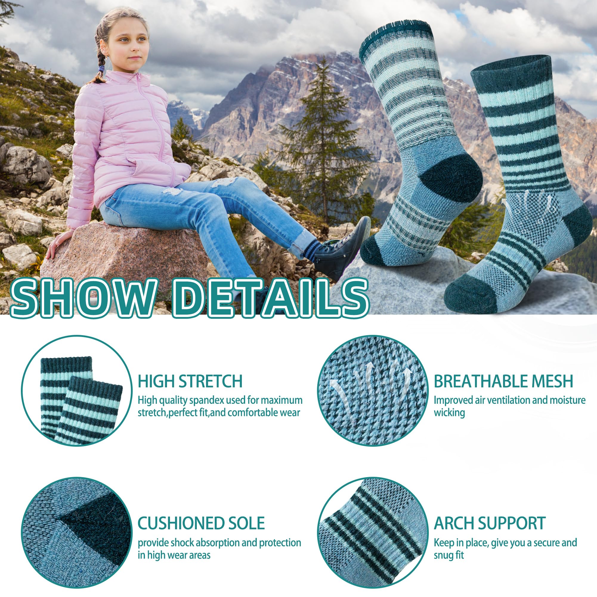 Kids Merino Wool Hiking Socks Toddlers Boys Girls Thermal Warm Winter Cushion Moisture Wicking Crew Boot Socks 6 Pairs