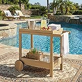 Christopher Knight Home Sara Acacia Wood Outdoor Bar Cart with Wheels, Rolling Kitchen Cart with Tray, Rolling Serving Cart f