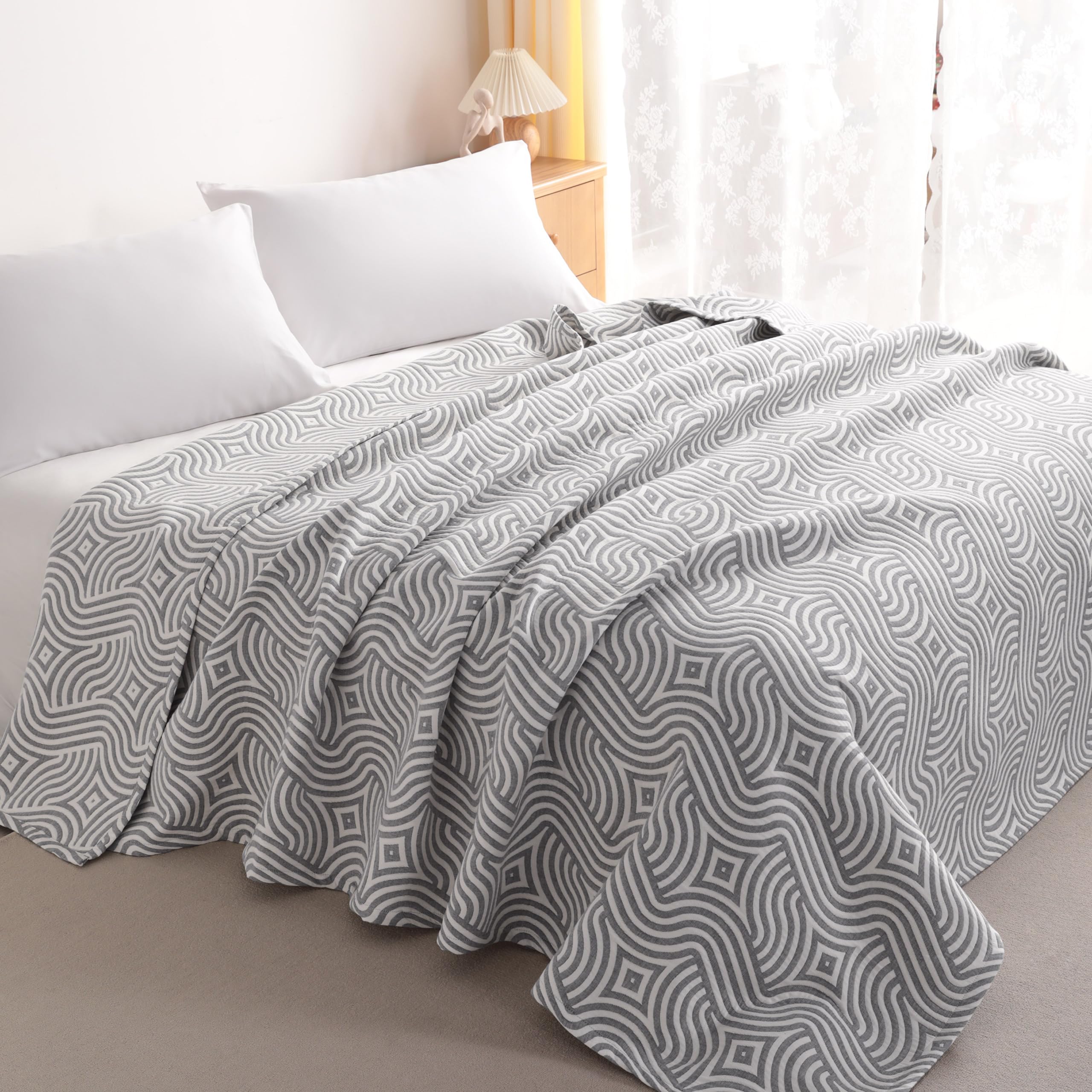 NTBAY 3 Layers Cotton Muslin 106x92 King Bed Blanket, Super Soft Breathable Thermal Yarn Dyed Quilt for Adults, Perfect Lightweight Blanket for Couch Sofa Bed All Seasons, Grey Geometric Ripples Image