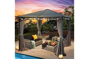 Murago 10x10 Hard Top Polycarbonate Patio Gazebo, UV Protection Canopy, Extra Shade, Heavy Duty Steel Frame with Aluminum Roof, 4 Sided Curtains with Zippers, Garden, Backyard, Grey