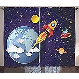 Ambesonne Outer Space Curtains, Rocket on Planetary System with Earth Stars UFO Saturn Sun Galaxy Boys Print, Living Room Bedroom Window Drapes 2 Panel Set, 108" X 63", Indigo White