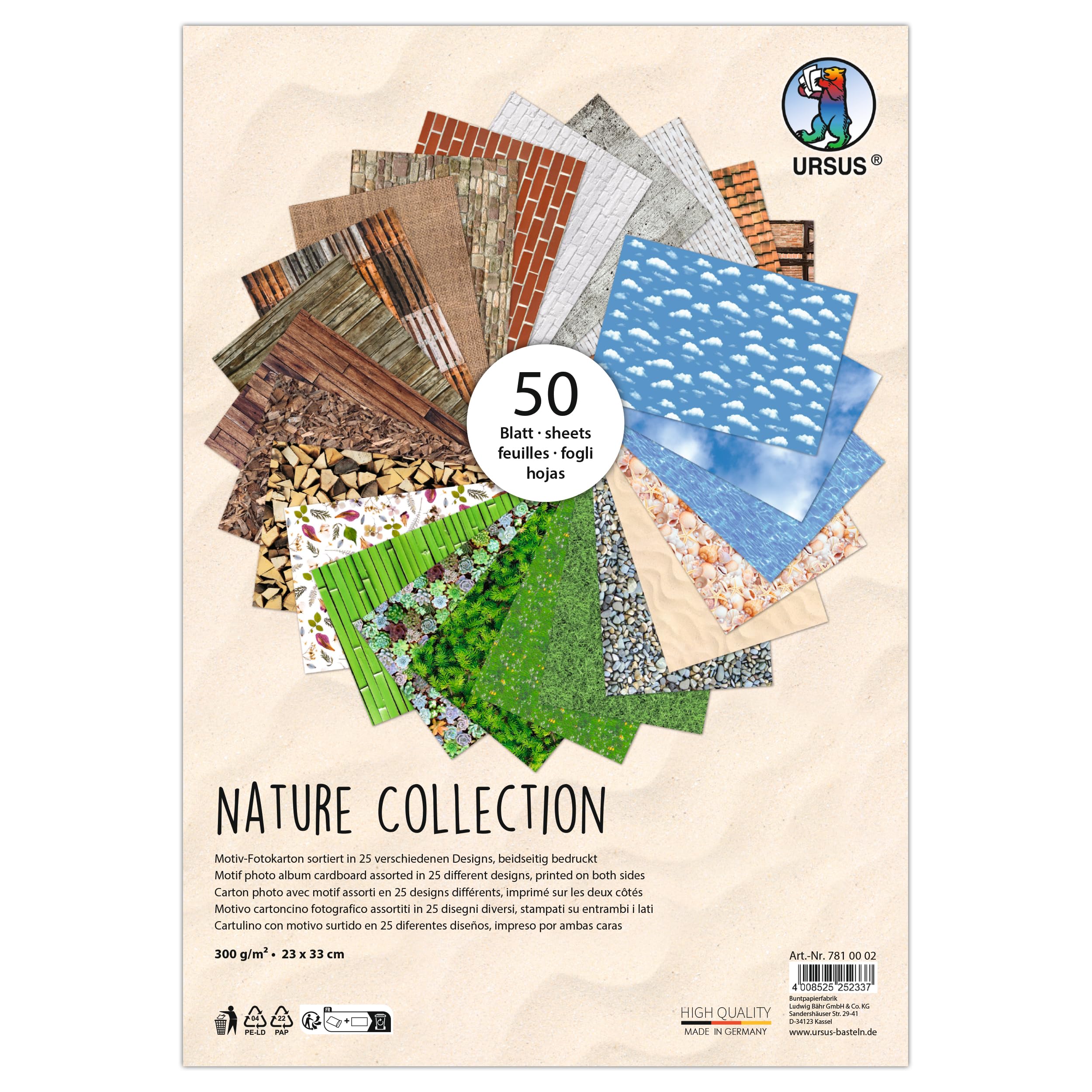 Ursus 7810002 Photo Card Nature Collection 50 Sheets Approx. 23 x 33 cm 300 g/m² Printed on Both Sides with 25 Different Designs Made of Fresh Cellulose for Versatile Crafts