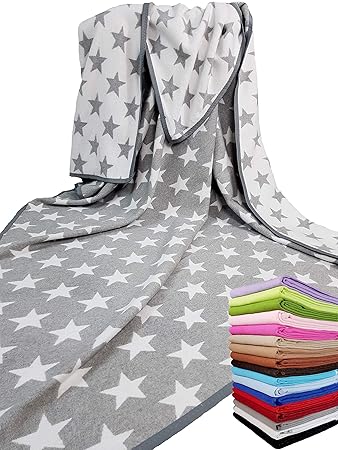 STTS International Baumwolldecke Wohndecke Kuscheldecke Tagesdecke 100% Baumwolle sehr weiches Plaid Korsika (Grau-Weiß (Ster