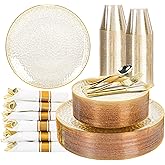 HOMIP 350 PCS Plastic Dinnerware Set (50 Guests), Clear Party Plates Include 50 Dinner Plate, 50 Dessert Plate, 50 Cups, 50 Gold Cutlery Set And Pefect for Party and Wedding