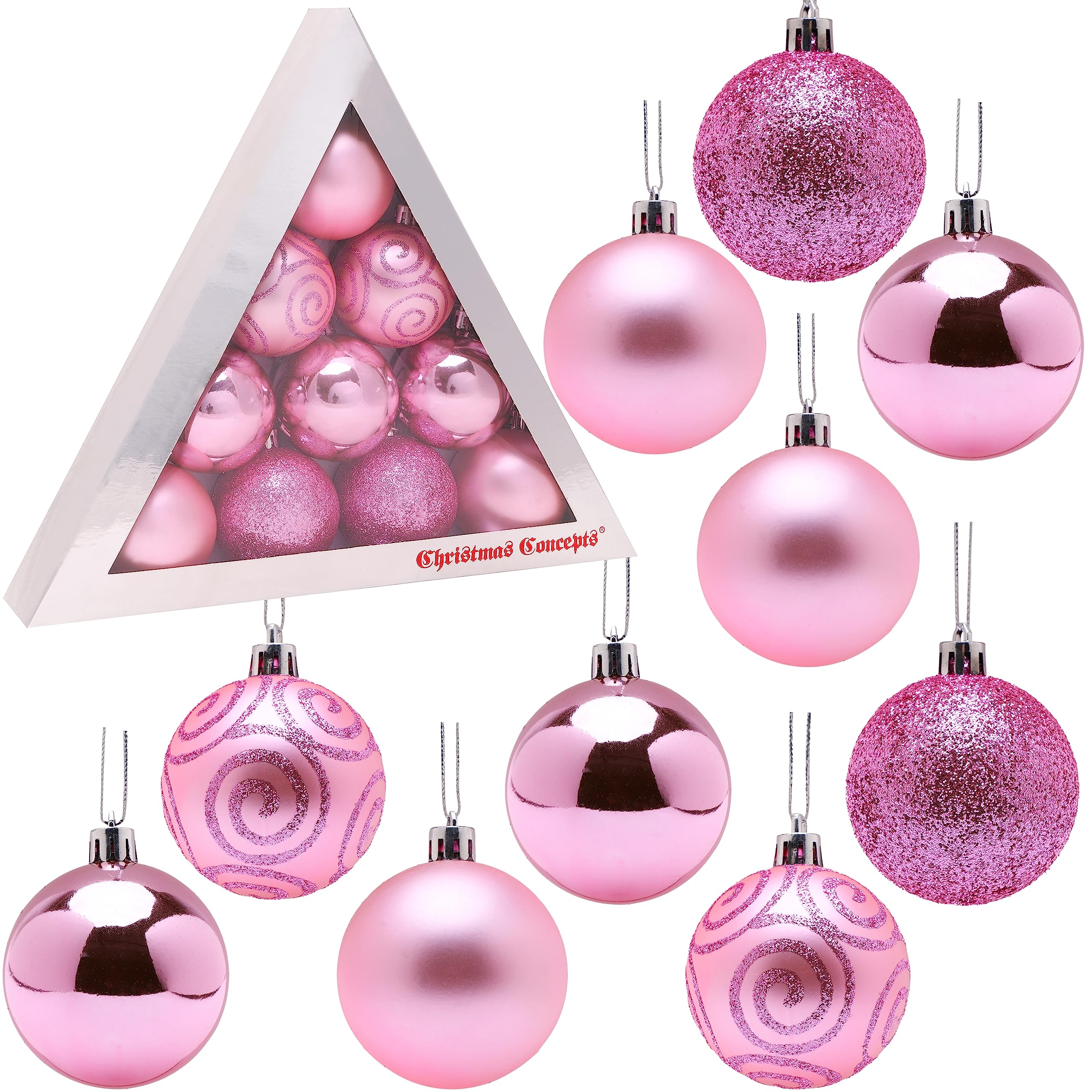Christmas Concepts® Pack of 10-60mm (2.4") Christmas Tree Baubles - Shiny, Matte & Glitter Decorated Baubles (Baby Pink)