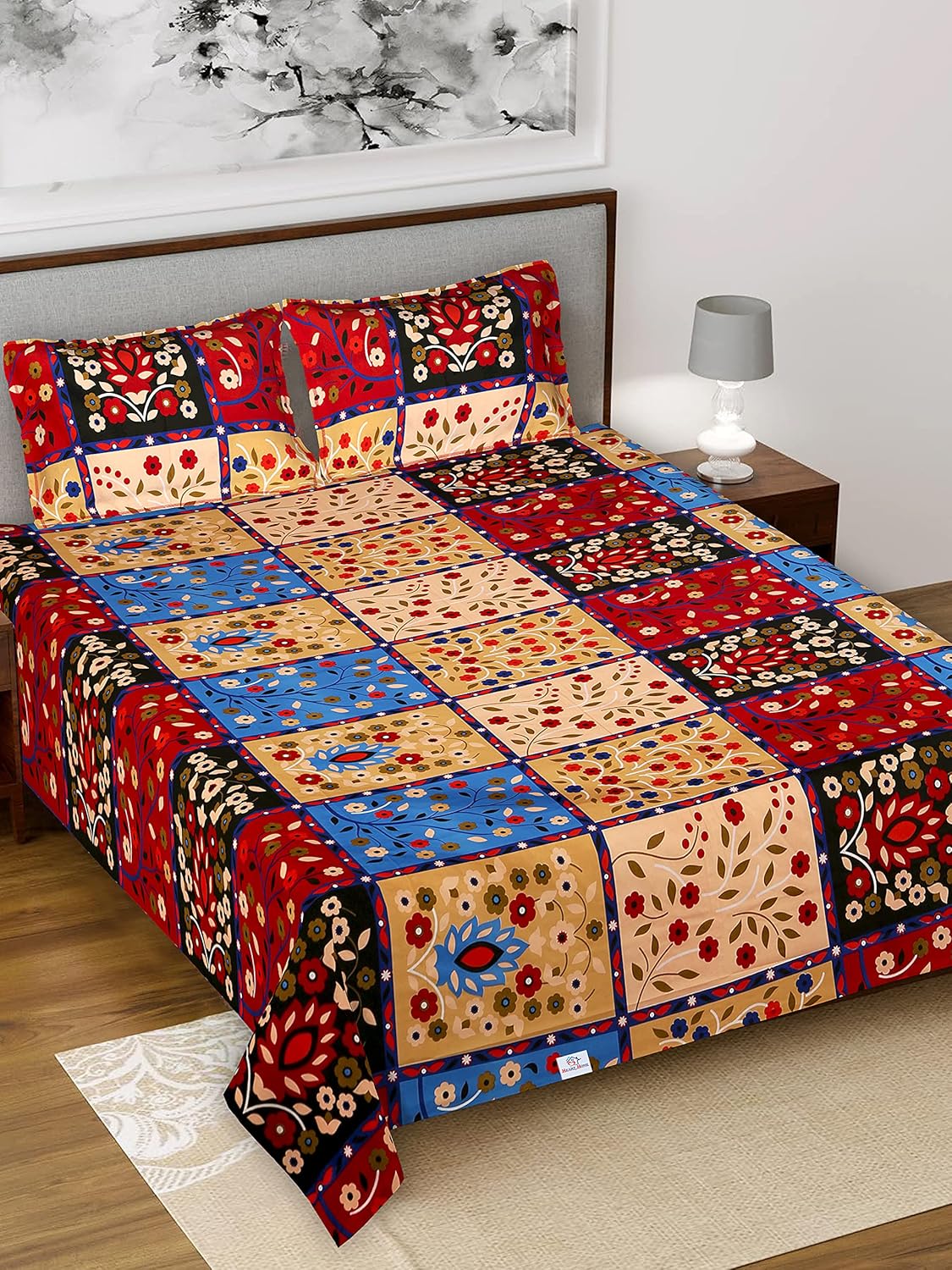 Heart Home Floral Print Glace Cotton 144 TC King Size Double Bedsheet