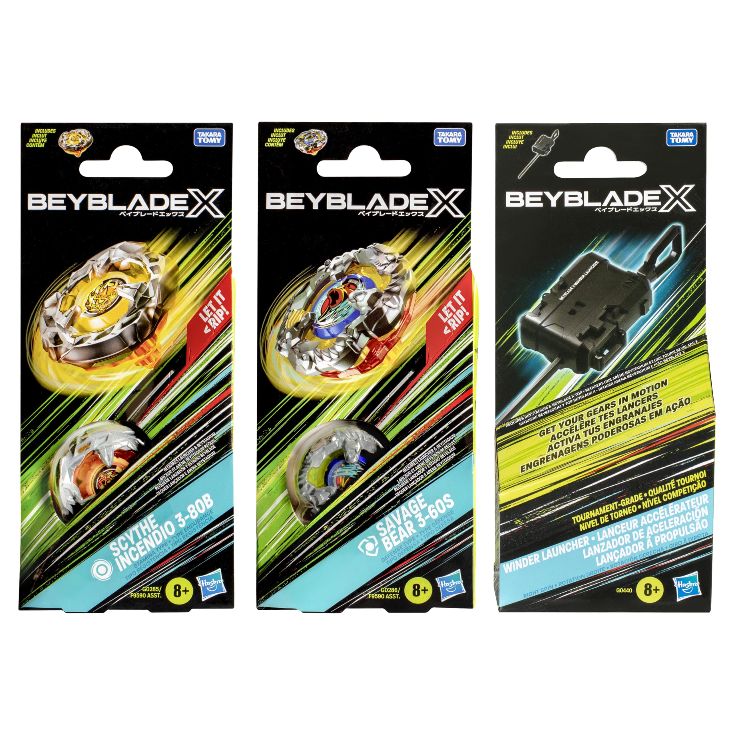 Beyblade X Scythe Incendio 3-80B, Savage Bear 3-60S & Official Winder Launcher Bundle Pack (Amazon Exclusive)