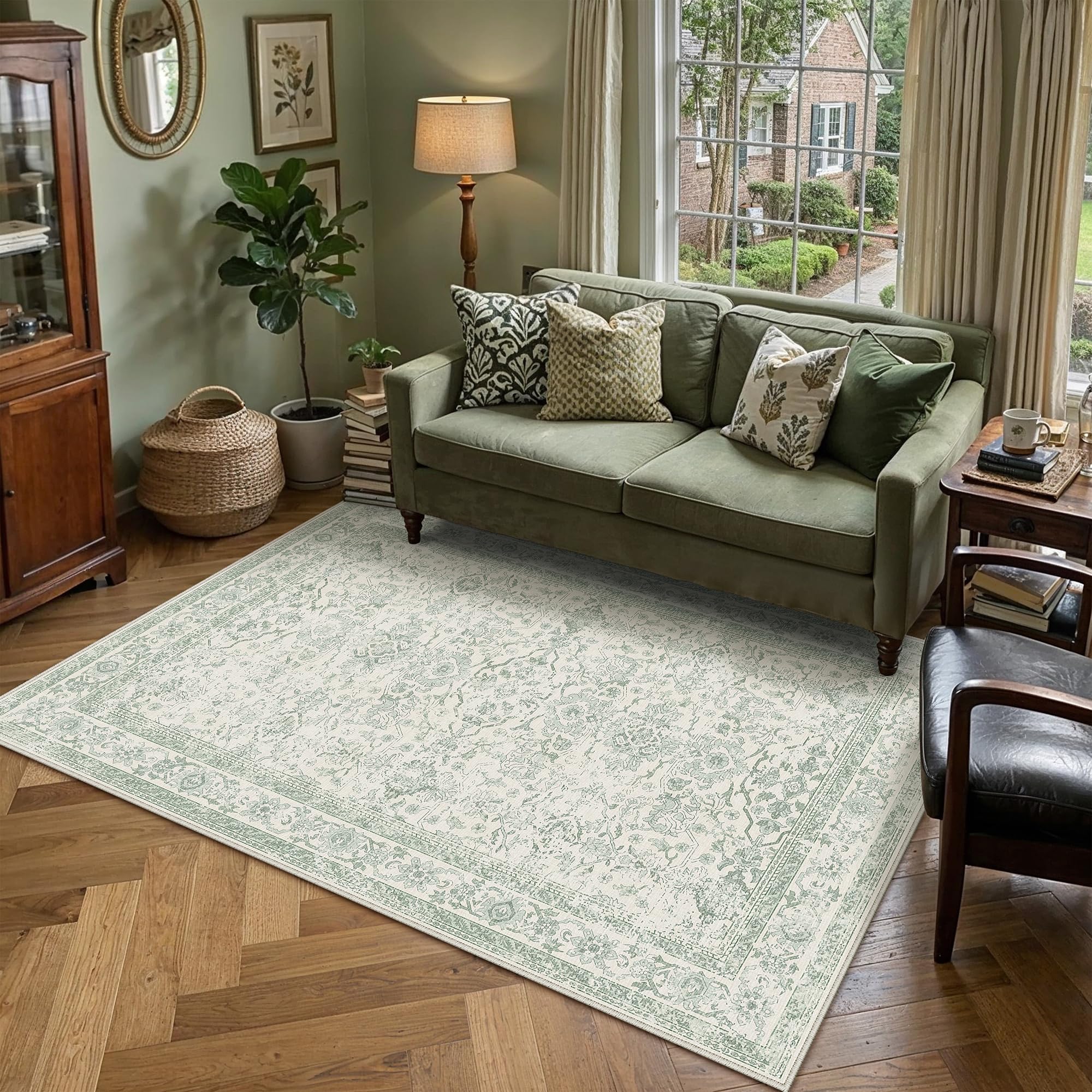HUGEAR Area Rug 5x7 Retro Light Green Machine Washable Living Room Rugs Distressed Vintage Floral Vacuumable Low Pile Carpet Bedroom Office Dining Room Laundry Room Non Slip Soft Lightweight