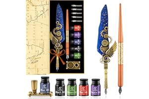CunMei Quill Pen and Ink Set, Calligraphy set - feather quill pen, Wooden Dip Pen, 5 Color Ink, 5 Replaceable Nibs, Pen Holder,Vintage Calligraphy Pens for Beginners and Calligraphy Lovers (Blue)