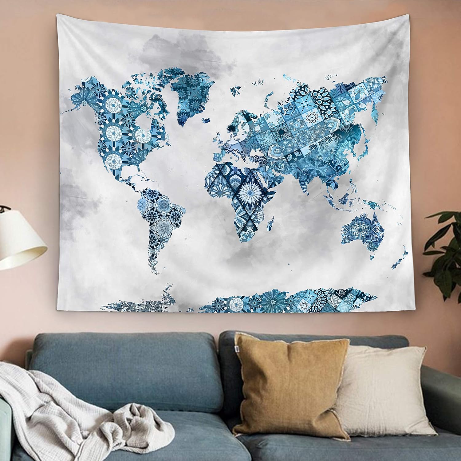 Tapestries 51x59 Inches Abstract Bohemian Atlas Blue Gray Wall Hanging Art For College Bedroom Home Decor Bonsai Tree World Map Tapestry Watercolor Mandala Map Small Wall Tapestries For Dorm Home Kitchen