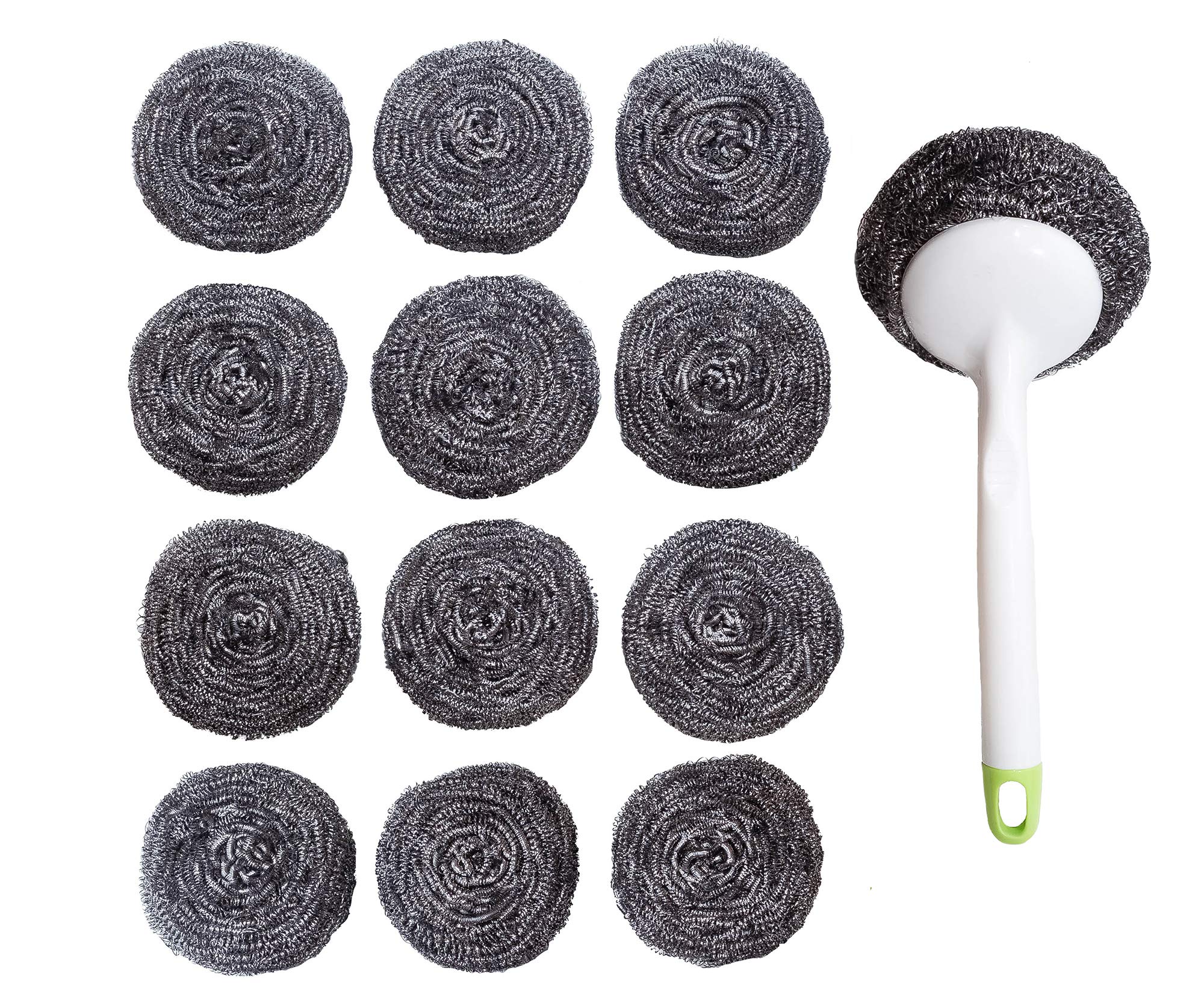 Kitchen Sumo Stainless Steel Sponges Scourer Set with Handle 40 gram - Pack of 12 - Large Stainless Steel Scrubbers - Metal Scouring Pads - Kitchen Cleaning Tool
