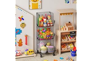 Sonyabecca Outdoor Toy Storage Basket, Play Kitchen Organizer with 5 S-Hooks,3 Tier Rolling Storage Cart Garage, Pantry Floor Snack Cart with Wheels,Toy Shelf Dog Storage Organizer Kids Bookshelf