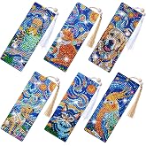 SWATOM 6 Pcs 5D Diamond Painting Bookmarks Starry Night & Animals Acrylic Diamond Art Bookmark with DIY Painting Kits Tassels & Wood Beads Pendant Rhinestone Bookmarks