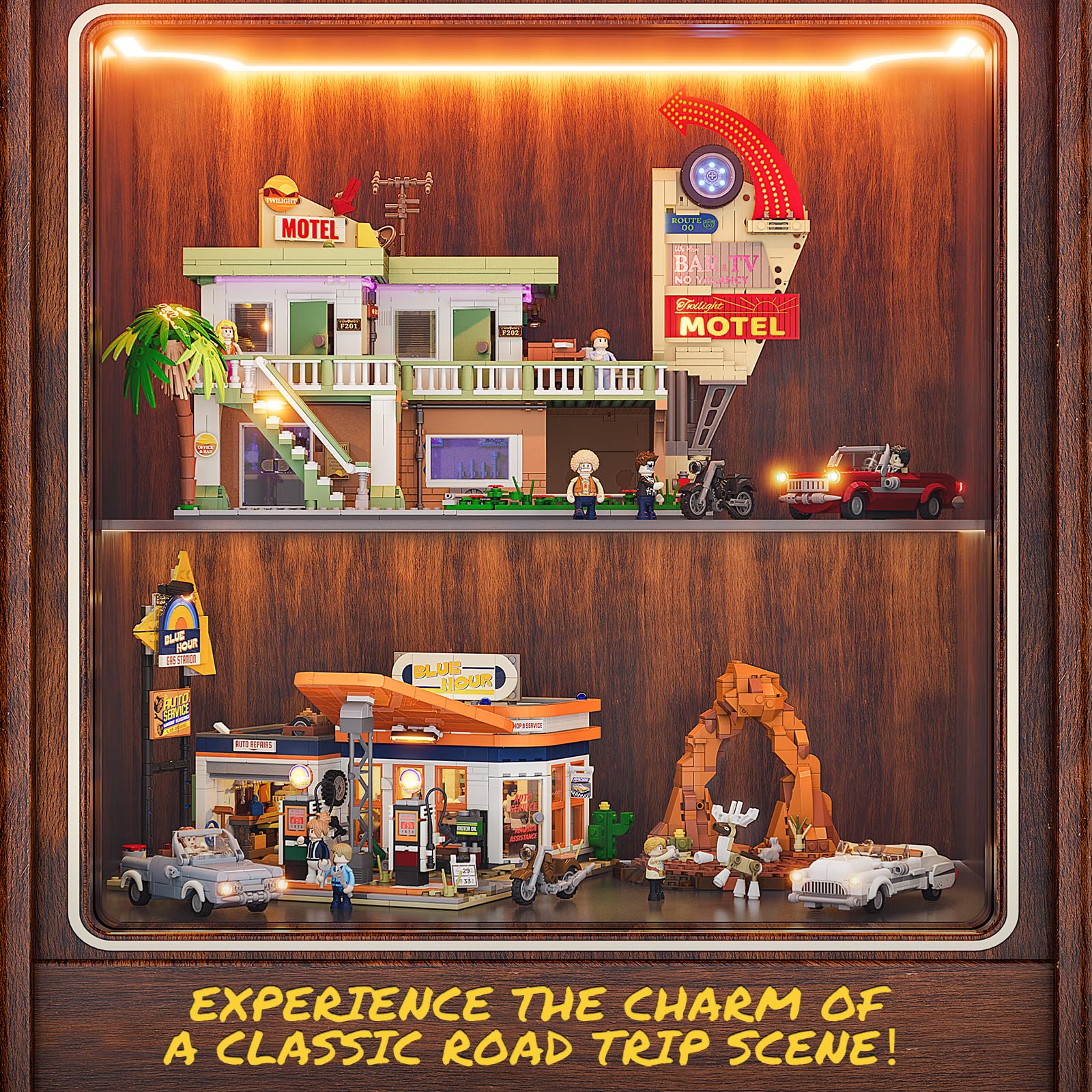 FUNWHOLE City Gas Station Bauset mit Licht – 1608PCS modularer Brick-Baukasten für Erwachsene & Teenager, zur Ausstellung & Roadtrip-Szenen, inklusive Oldtimer & Werkzeuge 5
