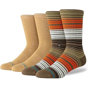 Stance x Dwayne Wade Casual Crew Striped Socks, Multicolor, Large, 2-Pack | Olive Green, Orange, Grey, Off-White, Black, Tan,