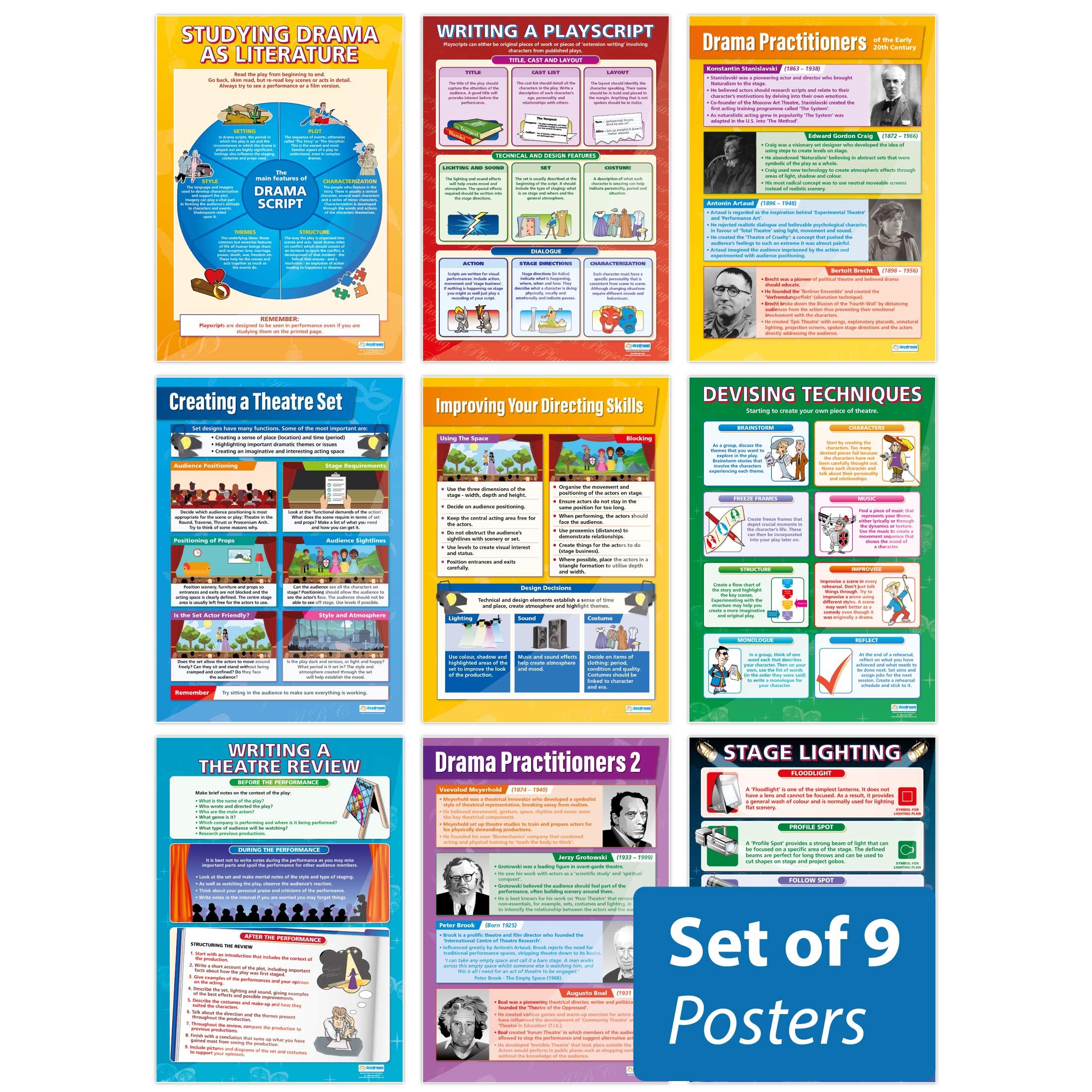 Daydream Education Writing, Directing & Designing Posters - Set of 9 | Drama Posters | Gloss Paper measuring 850mm x 594mm (A1) | Theatre Posters for the Classroom | Education Charts