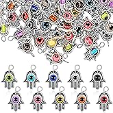 Hicarer 60 Pcs Antique Hamsa Hand Charms Evil Eye Charms for Jewelry Making Fatima Symbol Colorful Evil Eye Hamsa Hand Beads Pedant for Earring Bracelet Necklace DIY Christmas Gift Craft