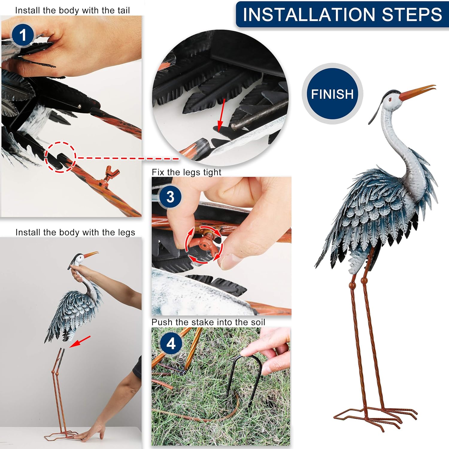 TERESA'S COLLECTIONS 33.8 inch Metal Blue Heron Garden Sculptures and Statues, Standing Crane Yard Art for Outdoor Decor, Bird Lawn Ornaments for Pond Porch Patio Decorations: Kitchen & Dining