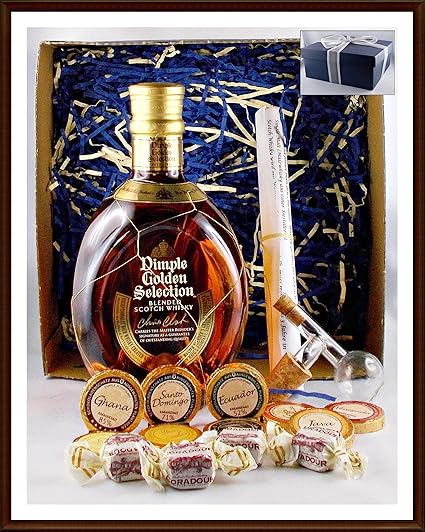 Geschenk Dimple Golden Selection Whisky + Flaschenportionierer + 10 Edel Schokoladen von DreiMeister & DaJa + 4 Whisky Fudge 