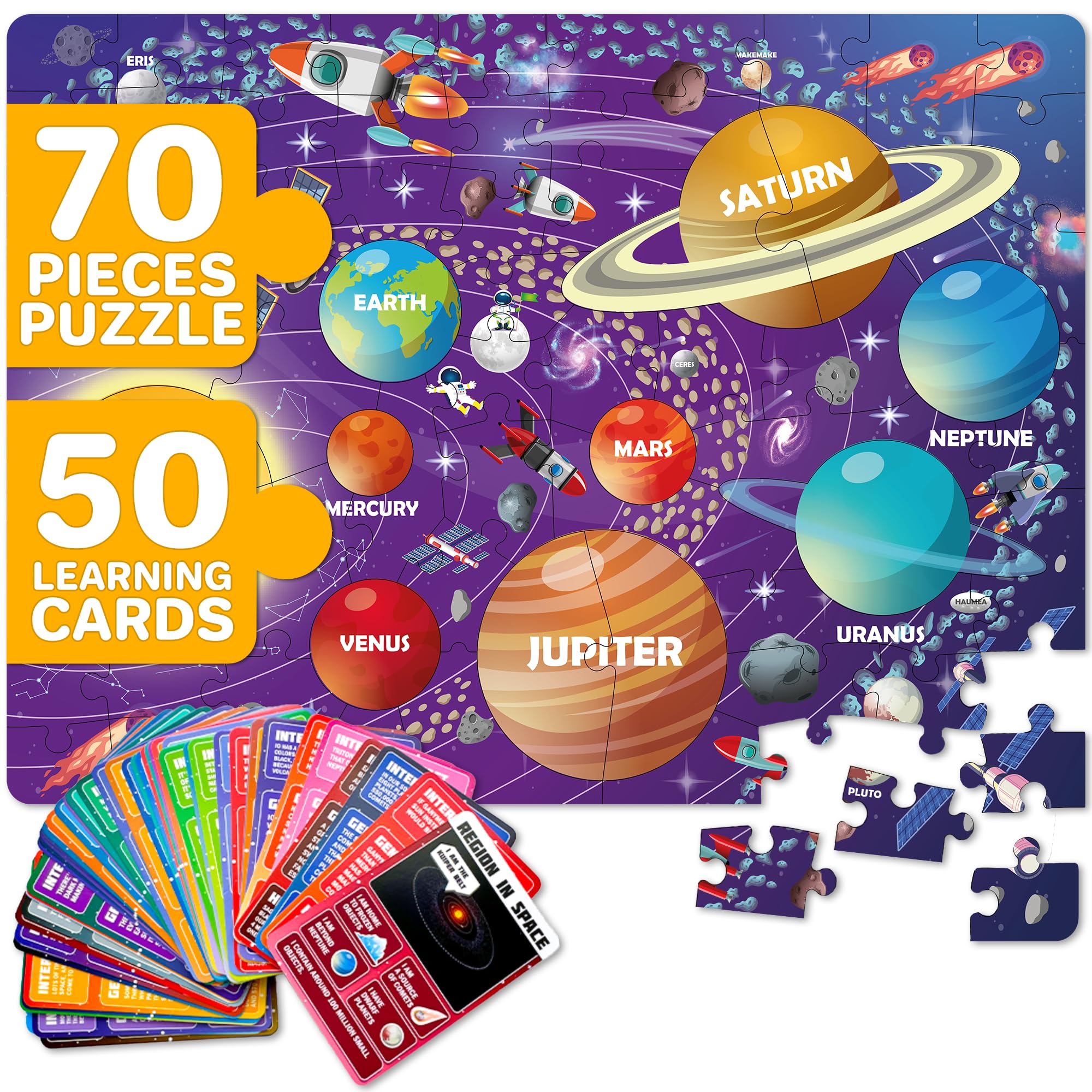 Photo 1 of QUOKKA Solar System Puzzles for Kids Ages 4-6 - 70 Pcs Fun Kids Puzzles Ages 5-8 Preschool Floor Activities - Includes 50 Cards with 400+ Space Facts- Planet-Shaped Jigsaw Puzzle Gift for Girls Boys