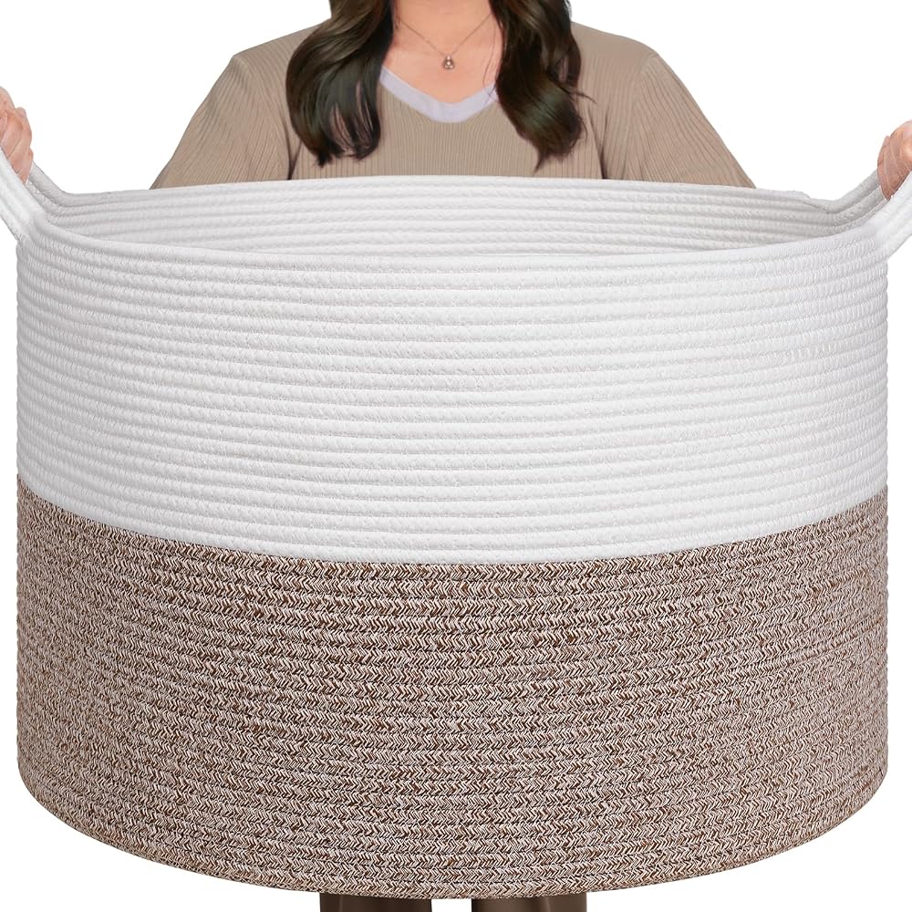 TIMEYARD XXXLarge Cotton Rope Basket White Brown 55x55x35cm Handles