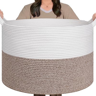 TIMEYARD XXXLarge Cotton Rope Basket White Brown 55x55x35cm Handles