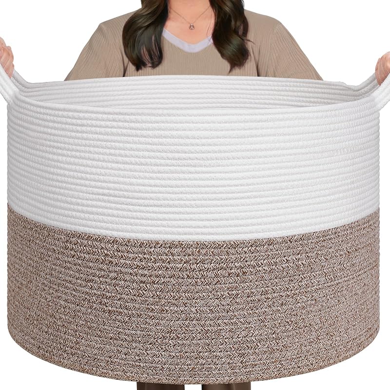 TIMEYARD XXXLarge Cotton Rope Basket White Brown 55x55x35cm Handles