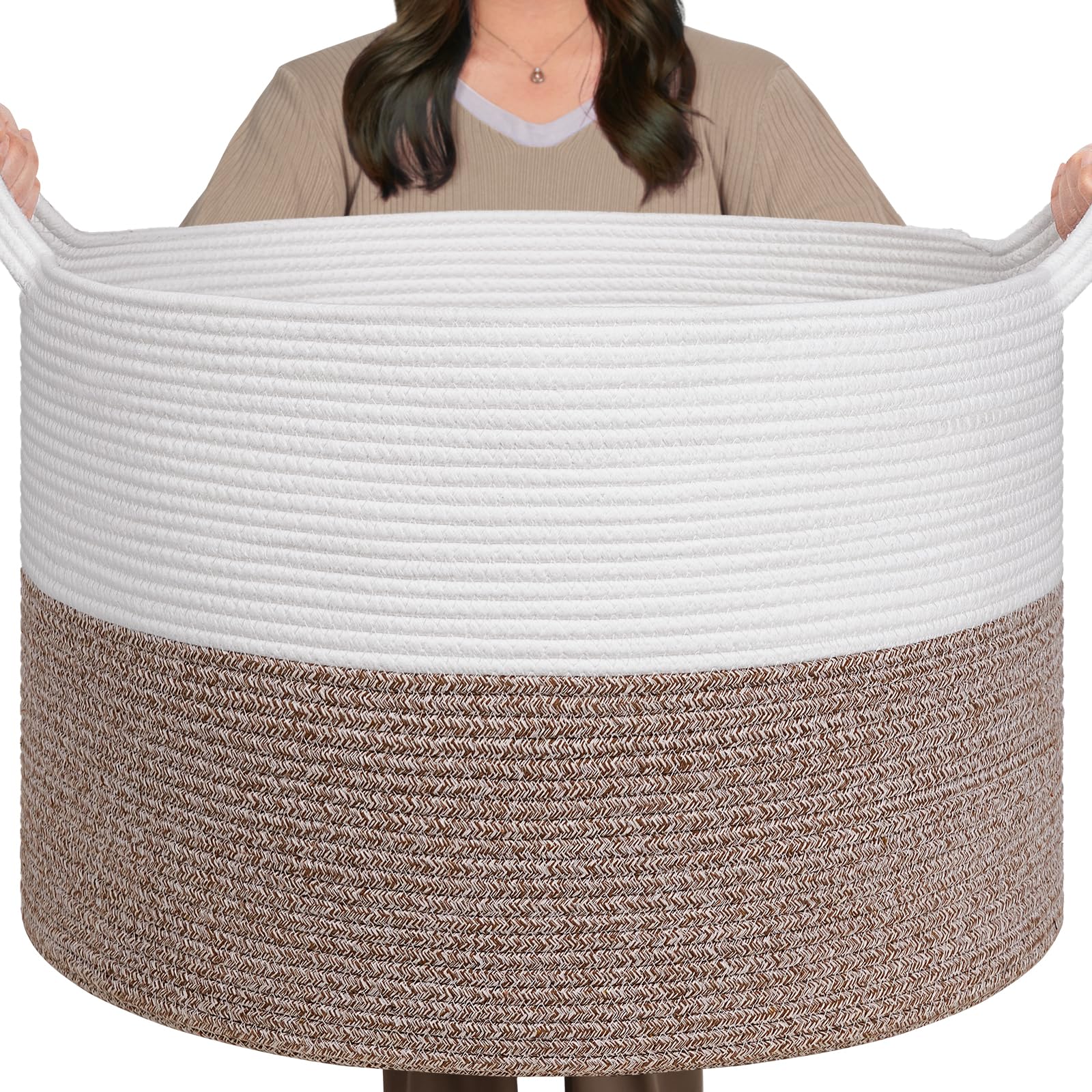 TIMEYARD XXXLarge Cotton Rope Basket Woven Baby Laundry Blanket Basket Toy Baskets with Handle Storage Comforter Cushions Thread Laundry Hamper, 55x35cm, White & Brown