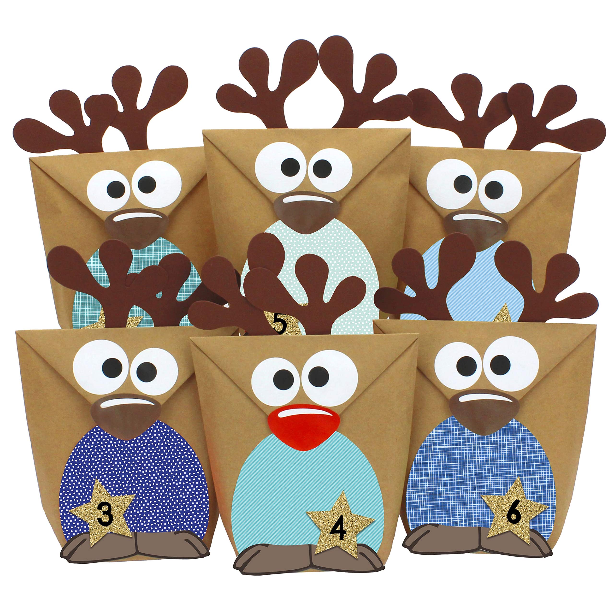 Papierdrachen DIY Advent Calendar Set Of Reindeer With Red Bellies For Filling, For DIY Crafts, 24 Bags, Individual Design, For Filling Yourself – Christmas Blue Reindeer