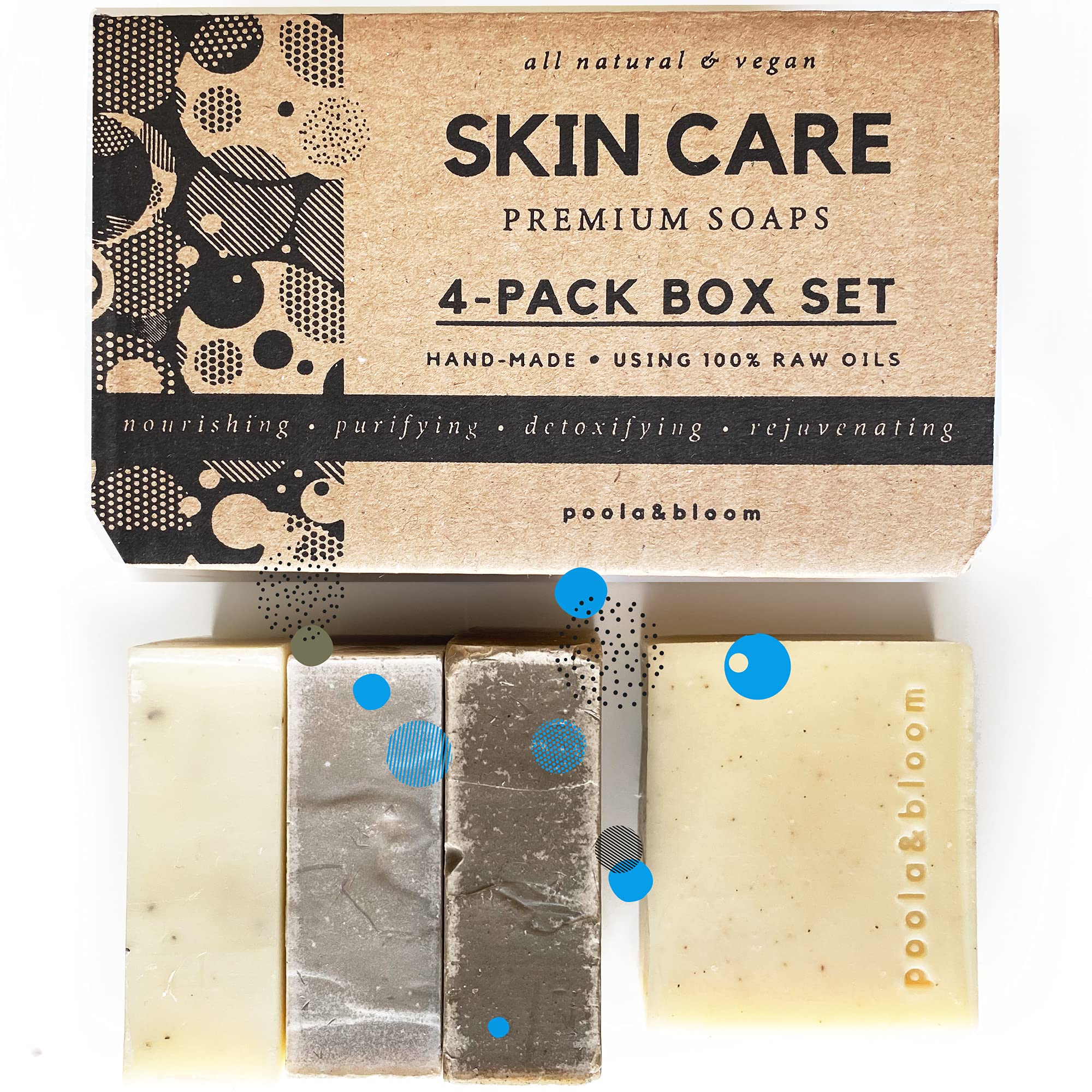 Poola & Bloom Vegan Soap Bars 4-Pack-Exfoliating Coffee Scrub Rejuvenating Black Tea Purifying Dead Sea Mud Herbal Essence-Natural Handmade Cruelty-Free Eco-Friendly Nourishing Skincare